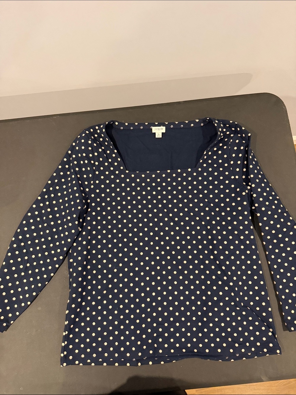 J. Crew Navy and White Polka Dot Long-Sleeve Square Neck Top